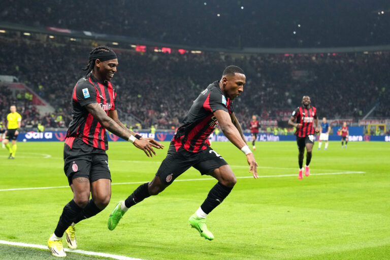 AC Milan's Pervis Estupinan        celebrates after scoring  1-0     with AC Milan’s Rafael Leao    during the Serie A soccer match between Milan and Inter at the San Siro Stadium in Milan  , north Italy - Sunday  , March 08  , 2026. Sport - Soccer . (Photo by Spada/Lapresse) (Photo by Spada/LaPresse/Sipa USA)
2026.03.08 Mediolan
pilka nozna liga wloska
AC Milan - Inter Mediolan
Foto LaPresse/SIPA USA/PressFocus

!!! POLAND ONLY !!!