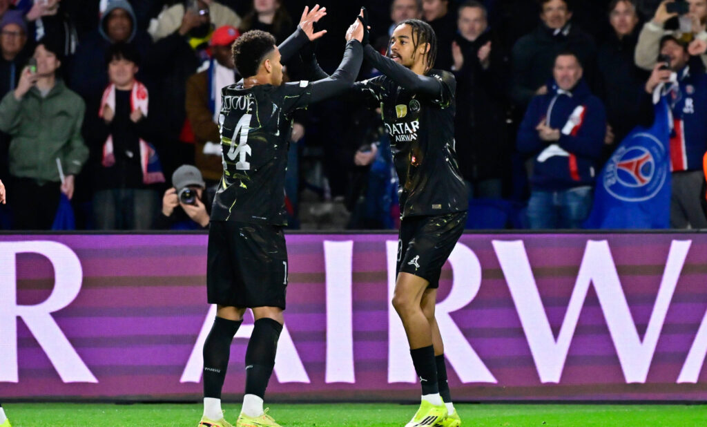 Bradley Barcola of Paris Saint Germain celebrates with Desire Doue of Paris Saint Germain during the UEFA Champions League match between Paris Saint Germain and Chelsea FC at Parc Des Princes on March 11 , 2026 in Paris, France. ( Photo by Federico Pestellini / PsnewZ ) - Photo :  Federico Pestellini / Federico Pestellini / Psnewz / SIPA /00323465_0016//Credit:PSNEWZ/SIPA/2603112121
2026.03.11 Paryz
pilka nozna liga mistrzow
Paris Saint-Germain - Chelsea Londyn
PSG
Foto PSNEWZ/SIPA/PressFocus

!!! POLAND ONLY !!!
