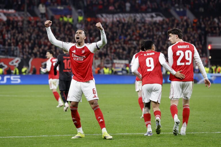 3/11/2026 - LEVERKUSEN – (l-r) Gabriel of Arsenal FC, Gabriel Jesus of Arsenal FC, and Kai Havertz of Arsenal FC celebrate the 1-1 draw during the UEFA Champions League match between Bayer 04 Leverkusen v Arsenal at the BayArena on March 11, 2026, in Leverkusen, Germany. BART STOUTJESDIJK / ANP /ANP/Sipa USA
2026.03.11 Leverkusen
pilka nozna liga mistrzow
Bayer 04 Leverkusen - Arsenal Londyn
Foto ANP/SIPA USA/PressFocus

!!! POLAND ONLY !!!