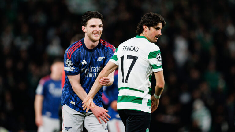 Declan Rice and Francisco Trincao seen during UEFA Champions League quarterfinal game between teams of Sporting CP and Arsenal FC at Estadio Jose Alvalade Maciej Rogowski/Ball Raw Images Lisbon Estadio Jose Alvalade Portugal Copyright: xMaciejxRogowskix maciejrogowski_sporting_arsenal_2526-251
2026.04.13 Lizbona
pilka nozna , Liga Mistrzow
Sporting Lizbona - Arsenal Londyn
Foto IMAGO/PressFocus

!!! POLAND ONLY !!!