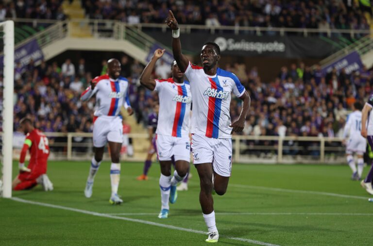 FIORENTINA, ITALY, APRIL 16: GOAL 1-0, Ismaila Sarr of Crystal Palace goal celebration after scoring a goal to put Crystal Palace 1-0 ahead during the UEFA Conference league Quarter Final 2nd Leg match between ACF Fiorentina v Crystal Palace FC at Artemio Franchi Stadium, Fiorentina, Italy, on April 16. (Photo by Daniel Weir) (Photo by Daniel Weir/Sports Press Photo/Sipa USA)
2026.04.16 Florencja
pilka nozna liga konferencji europy
ACF Fiorentina - Crystal Palace

Foto SPP/SIPA USA/PressFocus

!!! POLAND ONLY !!!