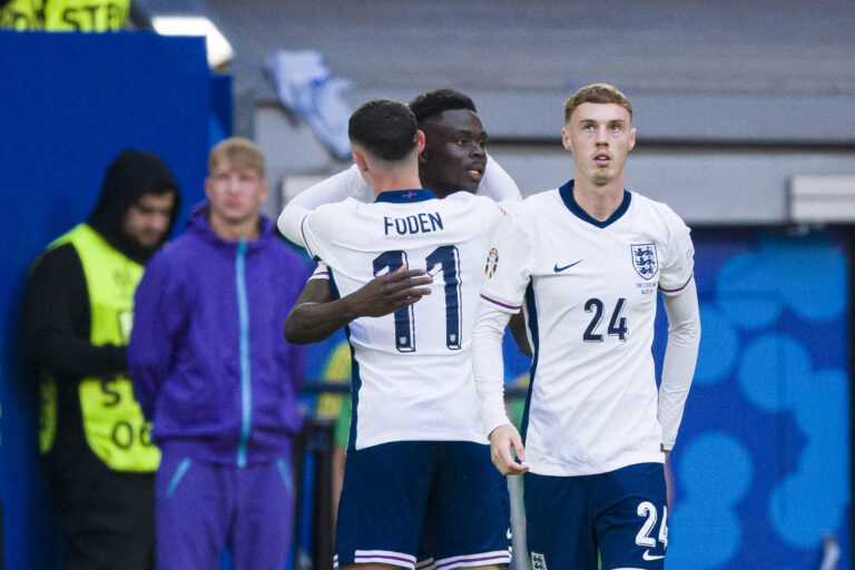 Bukayo Saka of England (C) celebrating his goal with his teammate Phil Foden (L) during the UEFA EURO 2024 quarter-final match between England and Switzerland at Duesseldorf Arena on July 6, 2024 in Dusseldorf, Germany. (Photo by JustPictures) (Photo by Eurasia Sport Images/Just Pictures/Sipa USA)
2024.07.06 Duesseldorf
pilka nozna Mistrzostwa Europy UEFA Euro 2024 
Anglia - Szwajcaria
Foto Eurasia Sport Images/Just Pictures/SIPA USA/PressFocus

!!! POLAND ONLY !!!