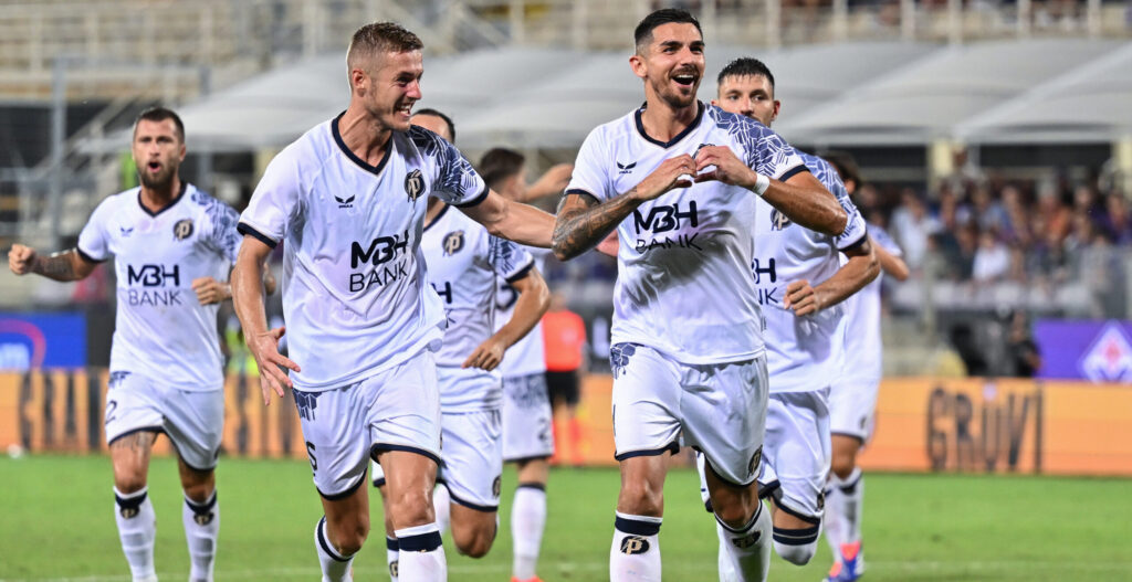 Puskas Akademia FC's defender Wojciech Golla celebrates after scoring a goal  during  PlayOff - ACF Fiorentina vs Puskas Akademia FC, UEFA Conference League football match in Florence, Italy, August 22 2024 (Photo by Lisa Guglielmi/IPA Sport / ipa-a/IPA/Sipa USA)
2024.08.22 Florence
pilka nozna liga konferencji
ACF Fiorentina - Puskas Akademia FC
Foto IPA/SIPA USA/PressFocus

!!! POLAND ONLY !!!