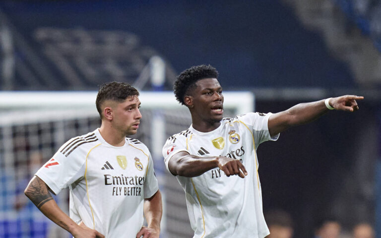 ESP: Real Oviedo - Real Madrid. La Liga EA Sports. Date 2 Federico Valverde and Aurelien Tchouameni of Real Madrid CF during the La Liga EA Sports match between Real Oviedo and Real Madrid played at Carlos Tartiere Stadium on August 24, 2025 in Oviedo, Spain. kpng Copyright: xCesarxCebollax/xPRESSINx PS_250826_OVI_RMA_2526_303
2025.08.24 Oviedo
pilka nozna liga hiszpanska
Real Oviedo - Real Madryt
Foto IMAGO/PressFocus

!!! POLAND ONLY !!!