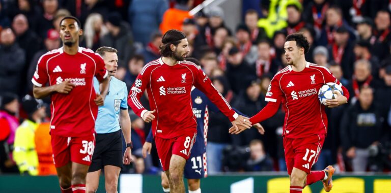 11/26/2025 - LIVERPOOL - (l-r) Dominik Szoboszlai of Liverpool FC and Curtis Jones of Liverpool FC celebrate the 1-1 draw during the Champions League match between Liverpool FC and PSV Eindhoven at Anfield Stadium on November 26, 2025, in Liverpool, United Kingdom. ANP SEM VAN DER WAL /ANP/Sipa USA
2025.11.26 Liverpool
pilka nozna liga mistrzow
FC Liverpool - PSV Eindhoven
Foto ANP/SIPA USA/PressFocus

!!! POLAND ONLY !!!