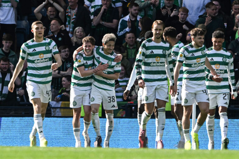 Luke McCowan and Daizen Maeda of Celtic celebrate Luke McCowan’s goal during the Scottish Gas Men's Scottish Cup Semi-final match at Barclays Hampden, Glasgow
19/04/2026
2026.04.19 Glasgow
Pilka nozna Puchar Szkocji
Celtic Glasgow - St Mirren
Foto Jamie Johnston/Focus Images/MB Media/PressFocus

!!! POLAND ONLY !!!