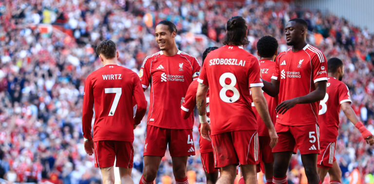Liverpool, England, 25th April 2026. Florian Wirtz of Liverpool celebrates scoring his teams third goal with teammates during the Liverpool vs Crystal Palace Premier League match at Anfield, Liverpool. Picture credit should read: Jessica Hornby / Sportimage EDITORIAL USE ONLY. No use with unauthorised audio, video, data, fixture lists, club/league logos or live services. Online in-match use limited to 120 images, no video emulation. No use in betting, games or single club/league/player publications. SPI_058_JH_LIVERPOOL_CRYSTAL_PALACE SPI-4733-0058
2026.04.25 Liverpool
pilka nozna , liga angielska
FC Liverpool - Crystal Palace
Foto IMAGO/PressFocus

!!! POLAND ONLY !!!