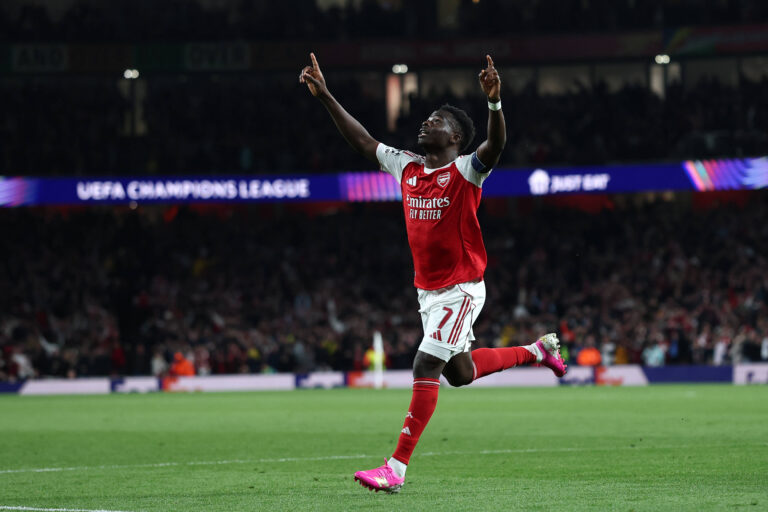 London, England, 5th May 2026. Bukayo Saka of Arsenal celebrates after scoring to make it 1-0 during the Arsenal vs Atletico Madrid UEFA Champions League match at the Emirates Stadium, London. Picture credit should read: David Klein / Sportimage EDITORIAL USE ONLY. No use with unauthorised audio, video, data, fixture lists, club/league logos or live services. Online in-match use limited to 120 images, no video emulation. No use in betting, games or single club/league/player publications. SPI_076_DK_Arsenal_Athletico_Madrid SPI-4781-0076
2026.05.05 Londyn
pilka nozna liga mistrzow
Arsenal Londyn - Atletico Madryt

Foto IMAGO/PressFocus

!!! POLAND ONLY !!!