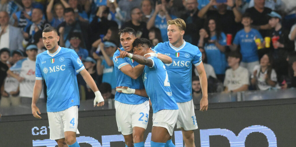 Napoli’s Alisson Santos celebrates after scoring a goal of 2-2   during the Serie A soccer match between Napoli and Bologna   at the Diego Armando Maradona Stadium in Naples, southern italy - Monday  , May 11, 2026. Sport - Soccer . 
(Photo by Alessandro Garofalo/LaPresse) (Photo by Alessandro Garofalo/LaPresse/Sipa USA)
2026.05.11 Neapol
pilka nozna liga wloska
SSC Napoli - Bologna FC 
Foto LaPresse/SIPA USA/PressFocus

!!! POLAND ONLY !!!