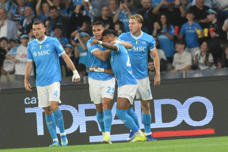 Napoli’s Alisson Santos celebrates after scoring a goal of 2-2   during the Serie A soccer match between Napoli and Bologna   at the Diego Armando Maradona Stadium in Naples, southern italy - Monday  , May 11, 2026. Sport - Soccer . 
(Photo by Alessandro Garofalo/LaPresse) (Photo by Alessandro Garofalo/LaPresse/Sipa USA)
2026.05.11 Neapol
pilka nozna liga wloska
SSC Napoli - Bologna FC 
Foto LaPresse/SIPA USA/PressFocus

!!! POLAND ONLY !!!