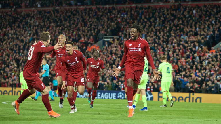(190508) -- LIVERPOOL, May 8, 2019 (Xinhua) -- Liverpool's Divock Origi (R, Front) celebrates after scoring during the UEFA Champions League Semi-Final second Leg match between Liverpool FC and FC Barcelona at Anfield in Liverpool, Britain on May 7, 2019. Liverpool won 4-3 on aggregate and reached the final. (Xinhua)


07.05.2019 Liverpool
Pilka nozna Liga Mistrzow
Liverpool FC - FC Barcelona
Foto: Xinhua / Pressfocus
POLAND ONLY!!!