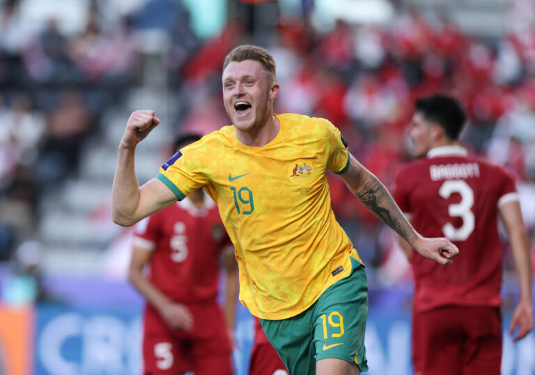 (240128) -- DOHA, Jan. 28, 2024 (Xinhua) -- Harry Souttar of Australia celebrates scoring during the round of 16 match between Australia and Indonesia at AFC Asian Cup Qatar 2023 in Doha, Qatar, Jan. 28, 2024. (Xinhua/Ding Ting)

2024.01.28 DOHA
pilka nozna Puchar Azji
Australia - Indonezja
Foto Ding Ting/Xinhua/PressFocus

!!! POLAND ONLY !!!