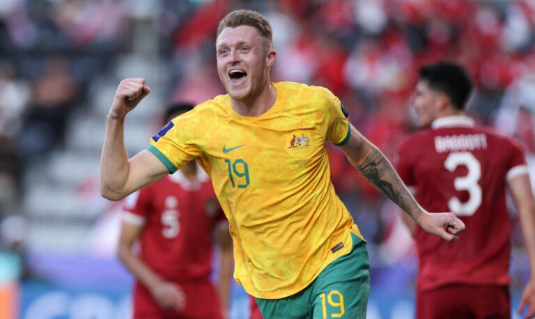 (240128) -- DOHA, Jan. 28, 2024 (Xinhua) -- Harry Souttar of Australia celebrates scoring during the round of 16 match between Australia and Indonesia at AFC Asian Cup Qatar 2023 in Doha, Qatar, Jan. 28, 2024. (Xinhua/Ding Ting)

2024.01.28 DOHA
pilka nozna Puchar Azji
Australia - Indonezja
Foto Ding Ting/Xinhua/PressFocus

!!! POLAND ONLY !!!