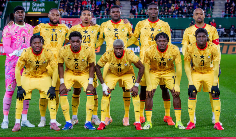 AUSTRIA - GHANA team photo of Ghana - Lawrence Ati Zigi of Ghana and St Gallen, Antoine Semenyo of Ghana and Manchester City, Alexander Djiku of Ghana and Spartak Moscow, Thomas Partey of Ghana and Villarreal, Jonas Adjetey of Ghana and VfL Wolfsburg, Jordan Ayew of Ghana and Leicester City, Abdul Fatawu Issahaku of Ghana Leicester City, Derrick Kohn of Ghana and Union Berlin, Kwasi Sibo of Ghana and Real Oviedo, Prince Kwabena Adu of Ghana and Viktoria Plzen, Caleb Yirenkyi of Ghana and FC Nordsjaelland during the friendly football match ahead of FIFA World Cup, WM, Weltmeisterschaft, Fussball 2026 WM, Weltmeisterschaft, Fussball WM, Weltmeisterschaft, Fussball between Austria and Ghana, matchday 11. Ernst Happel Stadium, Stadion, Vienna, Austria, March 27, 2026. Photo by Branislav Racko Copyright: xx _BRR3931
2026.03.27 Wieden
pilka nozna miedzynarodowy mecz towarzyski
Austria - Ghana
Foto IMAGO/PressFocus

!!! POLAND ONLY !!!