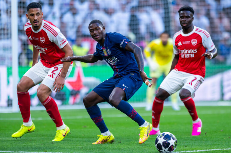 2026.05.30 Budapeszt
pilka nozna Final Liga Mistrzow sezon 2025/2026
PSG - Arsenal Londyn
N/z William Saliba Nuno Mendes
Foto Gleb Soboliev / PressFocus

2026.05.30 Budapest
Football - UEFA Champions League final season 2025/2026
PSG - Arsenal London
William Saliba Nuno Mendes
Credit: Gleb Soboliev / PressFocus