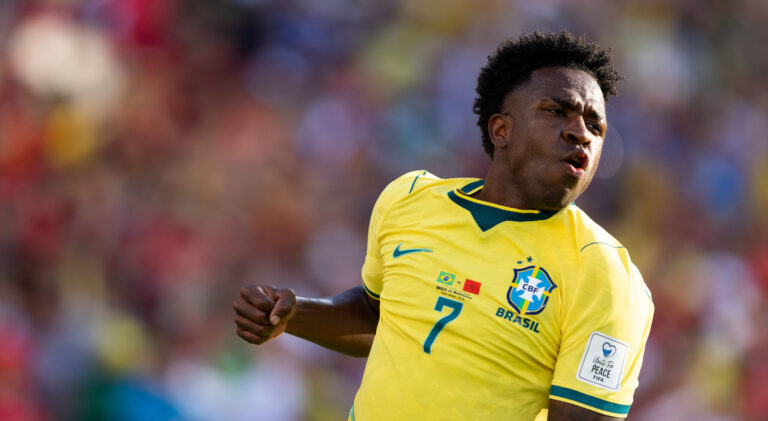 Vinicius Junior of Brazil celebrates after scoring the team's first goal during a FIFA Men’s World Cup 2026 Group Stage football match between Brazil and Morocco at New York New Jersey Stadium, in East Rutherford on June 13th 2026 (Photo by Georgia Soares/SPP) (Photo by Georgia Soares / SPP/Sipa USA)
2026.06.13 New Jersey 
pilka nozna mistrzostwa swiata
Brazylia - Maroko
Foto SPP/SIPA USA/PressFocus

!!! POLAND ONLY !!!