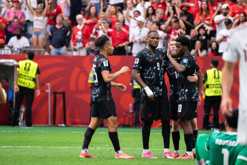 VANCOUVER, CANADA - JUNE 18: Nathan Saliba of Canada, Cyle Larin of Canada, Jacob Shaffelburg of Canada and Jonathan David of Canada celebrate after scoring their sixth goal during the FIFA World Cup 2026 group stage match between Canada and Qatar at BC Place Vancouver Stadium on June 18, 2026 in Vancouver, British Columbia, Canada. (Photo by Amy Elle/SPP/Sipa USA)
2026.06.19 Vancouver
pilka nozna mistrzostwa swiata
Kanada - Katar
Foto SPP/SIPA USA/PressFocus

!!! POLAND ONLY !!!