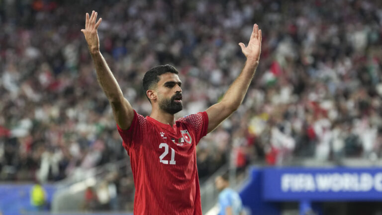 (260623) -- SAN FRANCISCO, June 23, 2026 (Xinhua) -- Nizar Alrashdan of Jordan celebrate scoring during the group J match between Jordan and Algeria at the 2026 FIFA World Cup at San Francisco Bay Area Stadium in San Francisco, the United States, June 22, 2026. (Photo by Sun Yuxuan/Xinhua)

2026.06.23 Santa Clara
pilka nozna mistrzostwa swiata
Jordania - Algieria
Foto Sun Yuxuan/Xinhua/PressFocus

!!! POLAND ONLY !!!
