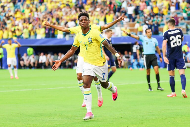 RECORD DATE NOT STATED  FIFA World Cup, WM, Weltmeisterschaft, Fussball 2026 - Group C - Scotland v Brazil Vinicius Jr. player of Brazil celebrates his goal during the match between Scotland and Brazil in the third round of Group C of the 2026 FIFA World Cup group stage at Miami Stadium, in Florida, United States, on Wednesday, June 24, 2026.Foto: William Volcov/Brazil Photo Press/IMAGO Sports Miami FL United States of America Copyright: xWILLIAMxVOLCOVx
2026.06.25 Miami
pilka nozna mistrzostwa swiata
Szkocja - Brazylia
Foto IMAGO/PressFocus

!!! POLAND ONLY !!!