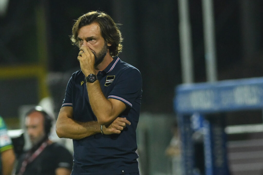 Andrea Pirlo coach of UC Sampdoria gestures during the Soccer BKT between US Salernitana 1919 vs UC Sampdoria at Arechi Stadium (Photo by Danilo Gemito/IPA Sport / ipa-ag/IPA/Sipa USA)2024.08.27 Salernopilka nozna 2. liga wloskaUS Salernitana 1919 - UC SampdoriaFoto Danilo Gemito/IPA Sport/ipa-agency.net/SIPA USA/PressFocus!!! POLAND ONLY !!!