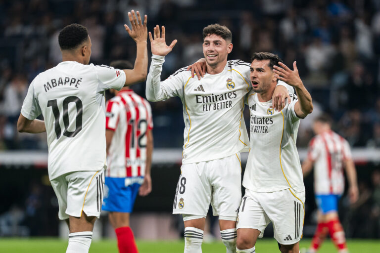 REAL MADRID CF v GIRONA FC. LA LIGA 2025 2026. ROUND 31. Real Madrid CF´s Federico Valverde celebrates a goal with Kylian Mbappe (l) and Brahim Diaz (r)  during La Liga match. April 10, 2026 (ALTERPHOTOS/Tomas Garrido)
2026.04.10 Madryt
pilka nozna liga hiszpanska
Real Madryt - Girona FC
Foto Alter Photos/SIPA USA/PressFocus

!!! POLAND ONLY !!!