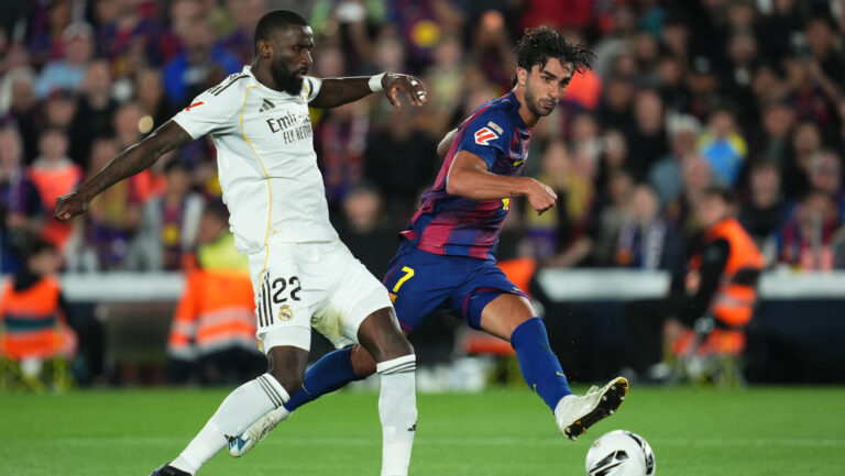 Ferran Torres of FC Barcelona and Antonio Rudiger of Real Madrid CF during the La Liga EA Sports match between FC Barcelona and Real Madrid played at Spotify Camp Nou Stadium on 10 May 2026 in Barcelona, Spain. (Photo by Bagu Blanco / PRESSINPHOTO)
2026.05.10 Barcelona
pilka nozna liga hiszpanska
FC Barcelona - Real Madryt
Foto PRESSINPHOTO/SIPA USA/PressFocus

!!! POLAND ONLY !!!