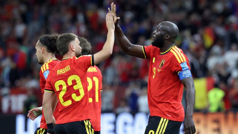 Belgium's Nicolas Raskin and Belgium's Romelu Lukaku celebrate after scoring during a soccer game between Belgian national team Red Devils and New Zealand, on Friday 26 June 2026, at the BC Place Vancouver stadium in Vancouver, Canada, the third game in the group stage of the FIFA World Cup 2026. The Diables Rouges - Rode Duivels were drawn into Group G.
BELGA PHOTO BRUNO FAHY (Photo by BRUNO FAHY/Belga/Sipa USA)
2026.06.26 Vancouver
pilka nozna , mistrzostwa swiata , mundial 2026
Nowa Zelandia - Belgia
Foto Belga/SIPA USA/PressFocus

!!! POLAND ONLY !!!