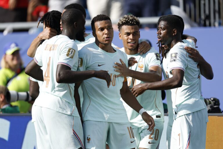 7/9/2026 - FOXBOROUGH - (LR) Dayot Upamecano of France, Kylian Mbappe of France, Desire Doue of France, Ousmane Dembele of France celebrate 1-0 during the 2026 FIFA World Cup quarter-final match between France and Morocco at Boston Stadium on July 9, 2026 in Foxborough, Massachusetts, United States. MAURICE VAN STEEN / ANP /ANP/Sipa USA
2026.07.09 Foxborough
pilka nozna , mistrzostwa swiata , mundial 2026
Francja - Maroko
Foto ANP/SIPA USA/PressFocus

!!! POLAND ONLY !!!