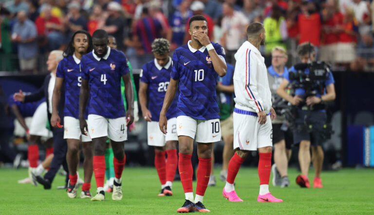 Jules KOUNDE of France, Dayot UPAMECANO of FRANCE, Desire DOUE of France, Lucas HERNANDEZ of France and Kylian MBAPPE of France looks dejected during the 2026 FIFA World Cup - Round of 2 match between France and Spain at AT&amp;T Stadium on July 14, 2026 in Arlington, Texas. (Photo by Johnny Fidelin/Icon Sport/Sipa USA)
2026.07.14 Arlington
pilka nozna , mistrzostwa swiata , mundial 2026
Francja - Hiszpania
Foto Icon Sport/SIPA USA/PressFocus

!!! POLAND ONLY !!!