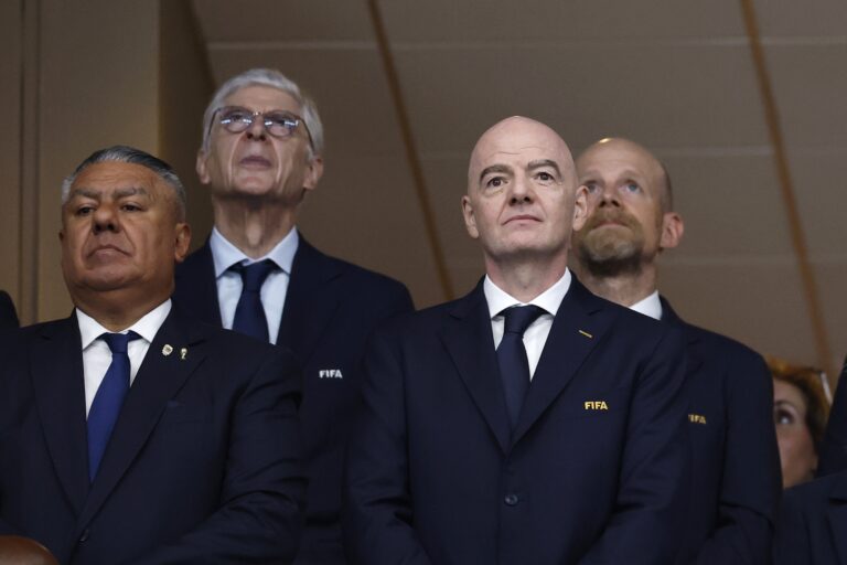 7/15/2026 - ATLANTA - FIFA's Chief of Global Football Development Arsene Wenger, FIFA President Gianni Infantino and FIFA Deputy Secretary General Mattias Grafstrom during the 2026 FIFA World Cup semi-final match between England and Argentina at the Atlanta Stadium on July 15, 2026, in Atlanta, Georgia, United States. MAURICE VAN STEEN / ANP /ANP/Sipa USA
2026.07.15 Atlanta
pilka nozna mistrzostwa swiata
Anglia - Argentyna
Foto ANP/SIPA USA/PressFocus

!!! POLAND ONLY !!!