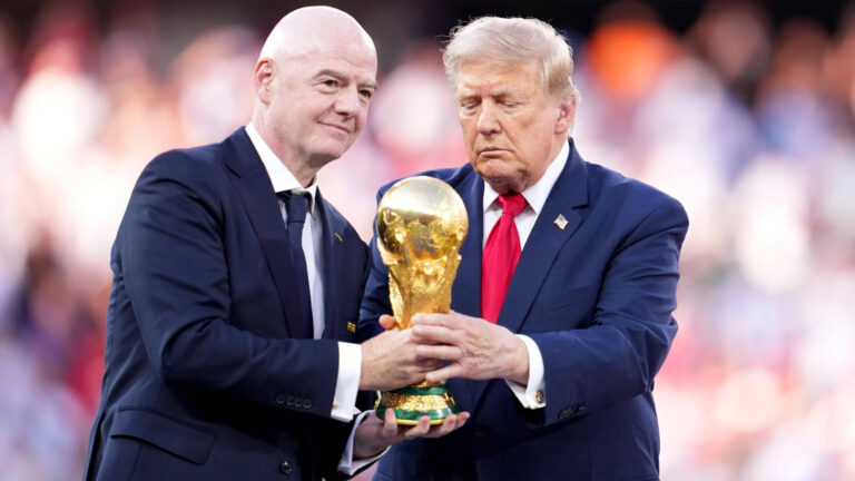 2026-07-19 Spain v Argentina - Final - FIFA World Cup, WM, Weltmeisterschaft, Fussball 2026 EAST RUTHERFORD, UNITED STATES - JULY 19: U.S. President Donald Trump and FIFA President Gianni Infantino hold the FIFA World Cup Winner s Trophy before handing over to captain Rodri of Spain at the award ceremony after the Final - FIFA World Cup 2026 match between Spain and Argentina at New York New Jersey Stadium on July 19, 2026 in East Rutherford, New Jersey. Photo by Pablo Morano/BSR Agency East Rutherford United States Content not available for redistribution in The Netherlands directly or indirectly through any third parties. Copyright: xBSRxAgencyx
2026.07.19 East Rutherford
pilka nozna , mistrzostwa swiata , mundial 2026 , final
Hiszpania - Argentyna
Foto IMAGO/PressFocus

!!! POLAND ONLY !!!