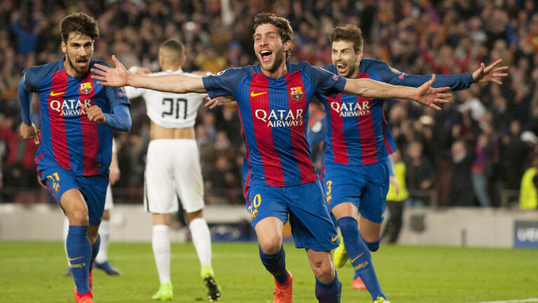 Sergi Roberto (2nd R) of Barcelona celebrates scoring the team's late goal during the UEFA Champions League Round of 16 second leg match between Barcelona and Paris Saint-Germain in Barcelona, Spain on March 8, 2017. 
Barcelona won 6-1 and advanced to the quarterfinal with 6-5 on aggregate.  (Xinhua/Lino De Vallier)
08.03.2017 Barcelona Hiszpania
Pilka nozna Liga Mistrzow
FC Barcelona - PSG
FOTO Xinhua / SIPA / PressFocus

POLAND ONLY!!