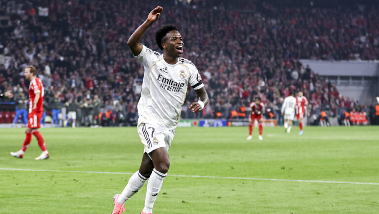 Vinicius Junior celebrating after scoring a goal seen during UEFA Champions League quarterfinal game between teams of FC Bayern Munich and Real Madrid CF at Allianz Arena Germany Grzegorz Wajda/Ball Raw Images Munich Allianz Arena Germany Copyright: xGrzegorzxWajdax grzegorzwajda_uclquarterfinalbayernreal2526__159
2026.04.15 Monachium
pilka nozna , Liga Mistrzow
Bayern Monachium - Real Madryt
Foto IMAGO/PressFocus

!!! POLAND ONLY !!!