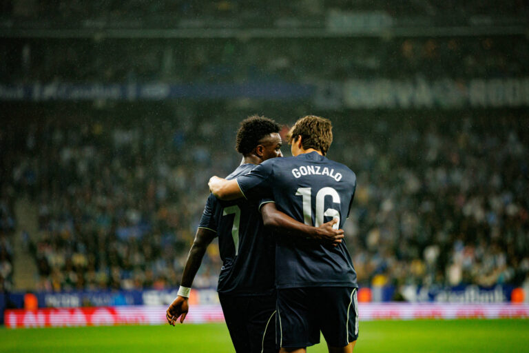 Vinicius Vini Junior and Gonzalo Garcia seen celebrating after scoring goal during LaLiga EASPORTS game between teams of RCD Espanyol de Barcelona and Real Madrid FC at RCDE Stadium Maciej Rogowski/Ball Raw Images Barcelona RCDE Stadium Spain Copyright: xMaciejxRogowskix maciejrogowski_espanyol_realmadrid_2526-361
2026.05.03 Barcelona
pilka nozna , liga hiszpanska
Espanyol Barcelona - Real Madryt
Foto IMAGO/PressFocus

!!! POLAND ONLY !!!