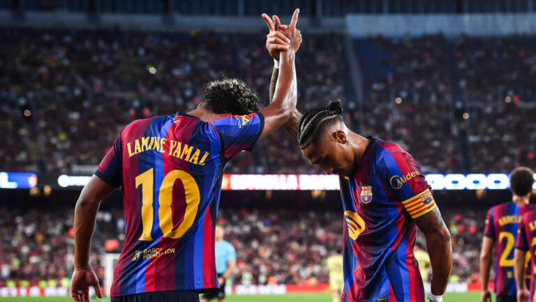 IPA87623729 - Raphael DIAS BELLOLI (Raphinha) of Barcelona celebrate his goal with Lamine YAMAL of Barcelona during the Trofeo Joan Gamper 2026, Friendly football match between FC Barcelona and Al Ahly SC on 19 August 2026 at Spotify Camp Nou stadium in Barcelona, Spain (Photo by /Sipa USA)
2026.08.19 Barcelona
pilka nozna , sparing mecz towarzyski , trofeum puchar Joana Gampera
FC Barcelona - Al-Ahly Kair
Foto IPA/SIPA USA/PressFocus

!!! POLAND ONLY !!!