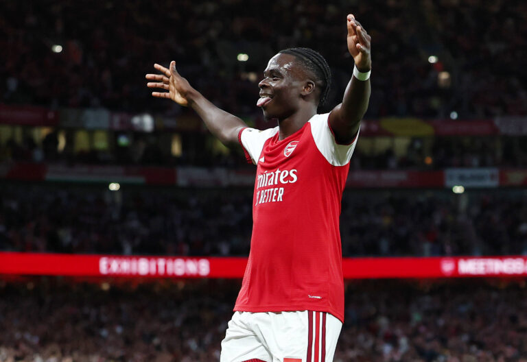 London, England, 21st August 2026. Bukayo Saka of Arsenal celebrates scoring their second goal during the Arsenal vs Coventry City Premier League match at the Emirates Stadium, London. Picture credit should read: David Klein / Sportimage EDITORIAL USE ONLY. No use with unauthorised audio, video, data, fixture lists, club/league logos or live services. Online in-match use limited to 120 images, no video emulation. No use in betting, games or single club/league/player publications. SPI_059_DK_Arsenal_Coventry SPI-4924-0059
2026.08.21 Londyn
pilka nozna liga angielska
Arsenal Londyn - Coventry City FC
Foto IMAGO/PressFocus

!!! POLAND ONLY !!!