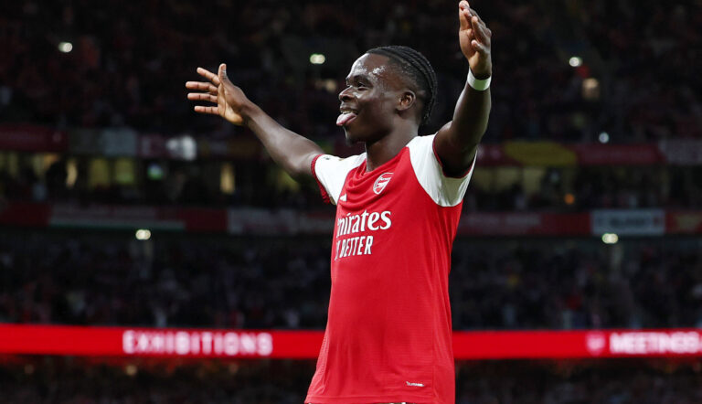 London, England, 21st August 2026. Bukayo Saka of Arsenal celebrates scoring their second goal during the Arsenal vs Coventry City Premier League match at the Emirates Stadium, London. Picture credit should read: David Klein / Sportimage EDITORIAL USE ONLY. No use with unauthorised audio, video, data, fixture lists, club/league logos or live services. Online in-match use limited to 120 images, no video emulation. No use in betting, games or single club/league/player publications. SPI_059_DK_Arsenal_Coventry SPI-4924-0059
2026.08.21 Londyn
pilka nozna liga angielska
Arsenal Londyn - Coventry City FC
Foto IMAGO/PressFocus

!!! POLAND ONLY !!!
