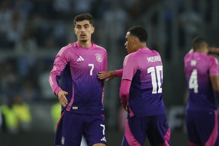 6/7/2024 - MONCHENGLADBACH - (l-r) Kai Havertz of Germany, Jamal Musiala of Germany celebrate 1-1 during the friendly Interland match between Germany and Greece at Borussia-Park on June 7, 2024 in Monchengladbach, Germany. ANP | Hollandse Hoogte | BART STOUTJESDIJK /ANP/Sipa USA
2024.06.07 Moenchengladbach
pilka nozna miedzynarodowy mecz towarzyski
Niemcy - Grecja
Foto ANP/SIPA USA/PressFocus

!!! POLAND ONLY !!!