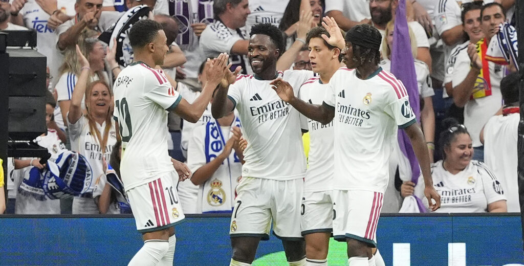 Real Madrid CF’s Kylian Mbappe, Vinicius Junior, Arda Guler and Yan Diomande celebrate goal during La Liga match. August 30, 2026. (Photo by Acero/Alter Photos/Sipa USA)
2026.08.30 Madryt
pilka nozna liga hiszpanska
Real Madryt - Malaga CF
Foto Alter Photos/SIPA USA/PressFocus

!!! POLAND ONLY !!!