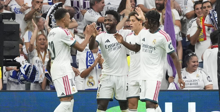 Real Madrid CF’s Kylian Mbappe, Vinicius Junior, Arda Guler and Yan Diomande celebrate goal during La Liga match. August 30, 2026. (Photo by Acero/Alter Photos/Sipa USA)
2026.08.30 Madryt
pilka nozna liga hiszpanska
Real Madryt - Malaga CF
Foto Alter Photos/SIPA USA/PressFocus

!!! POLAND ONLY !!!