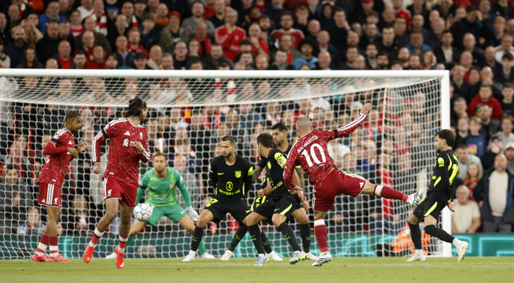 Liverpool, England, 9th September 2026. Alexis Mac Allister of Liverpool scores their second goal during the Liverpool vs Atletico Madrid UEFA Champions League match at Anfield, Liverpool. Picture credit should read: Cody Froggatt / Sportimage EDITORIAL USE ONLY. No use with unauthorised audio, video, data, fixture lists, club/league logos or live services. Online in-match use limited to 120 images, no video emulation. No use in betting, games or single club/league/player publications. SPI_047_CF_LIVERPOOL_V_ATLETICO_MADRID SPI-4984-0045
2026.09.09 Liverpool
pilka nozna liga mistrzow
Liverpool FC - Atletico Madryt
Foto IMAGO/PressFocus

!!! POLAND ONLY !!!