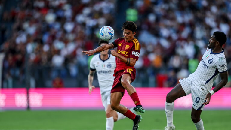 Paulo Dybala (AS Roma) and Marcus Thuram (Inter) seen during Serie A 2026/2027 match between AS Roma and Inter.