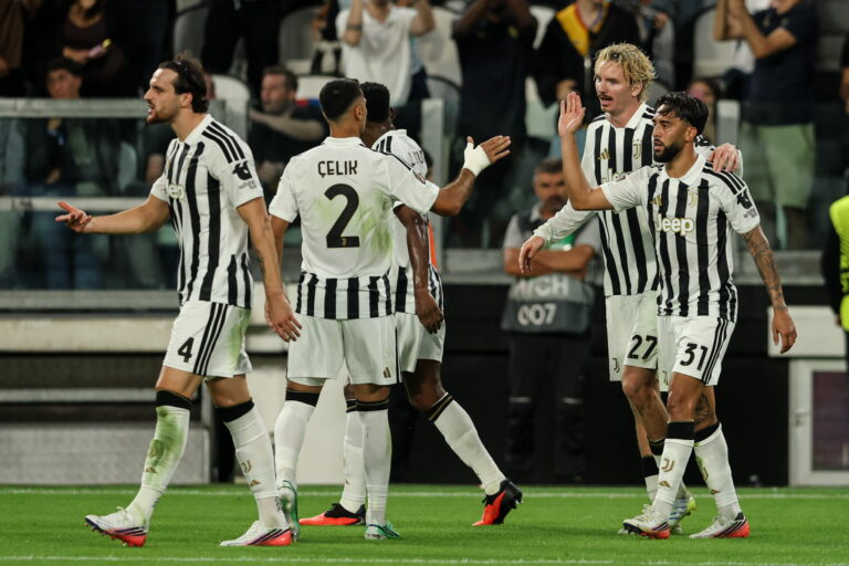 Federico Gatti (Juventus), Zeki Celik (Juventus), Nick Woltemade (Juventus) and Nico Gonzalez (Juventus) celebrate after scoring a goal during UEFA Europa League 2026/2027 match between Juventus and NEC Nijmegen