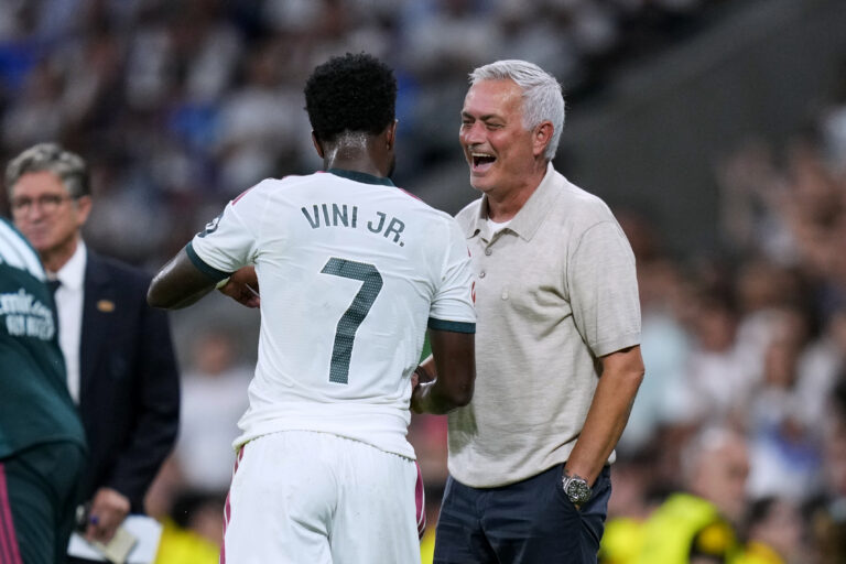 Vinicius Junior of Real Madrid CF and Jose Mourinho, head coach of Real Madrid CF during the La Liga EA Sports match between Real Madrid and Real Sociedad played at Santiago Bernabeu Stadium on 26 Aug 2026 in Madrid, Spain. (Photo by Cesar Cebolla / PRESSINPHOTO)
2026.08.26 Madryt
pilka nozna liga hiszpanska
Real Madryt - Real Sociedad San Sebastian

Foto PRESSINPHOTO/SIPA USA/PressFocus

!!! POLAND ONLY !!!