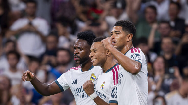 Real Madrid CF v Rayo Vallecano de Madrid - LaLiga EA Sports 2026/27 Players of Real Madrid CF from L to R Vinicius Junior, Kylian Mbappe, Jude Bellingham celebrates a goal during the LaLiga EA Sports football match between Real Madrid CF and Rayo Vallecano de Madrid at Estadio Bernabeu on September 12, 2026 in Madrid, Spain. Madrid Estadio Bernabeu Madrid Spain Copyright: xAlbertoxGardinx AGardin_20260912_Foot_Liga_Rea_Mad_Rayo_0144
2026.09.12 Madryt
pilka nozna liga hiszpanska
Real Madryt - Rayo Vallecano
Foto IMAGO/PressFocus

!!! POLAND ONLY !!!