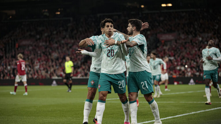 Ruben Neves and Joao Cancelo seen celebrating after scoring goal during UEFA Nations League Division A game between National Teams of Denmark and Portugal Ernest Kolodziej/Ball Raw Images Copenhagen Parken Denmark Copyright: xErnestxKolodziejx ernestkolodziej_denmark_portugal_2627-8
2026.10.01 Kopenhaga
pilka nozna , Liga Narodow UEFA
Dania - Portugalia
Foto IMAGO/PressFocus

!!! POLAND ONLY !!!