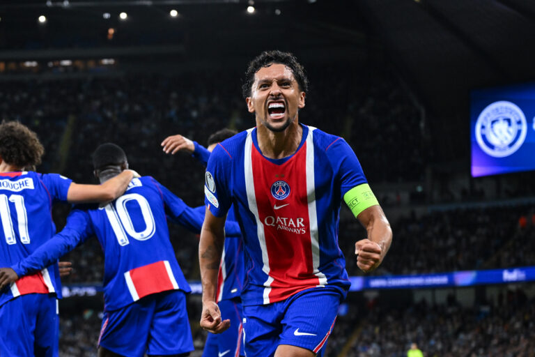 MANCHESTER, ENGLAND - OCTOBER 14: Marquinhos of Paris Saint-Germain celebrates the team's fourth goal with teammates during the UEFA Champions League 2026/27 League Phase MD2 football match between Manchester City and Paris Saint-Germain at Etihad Stadium on October 14, 2026 in Manchester, England. (Photo by Will Palmer/Sports Press Photo) (Photo by Will Palmer/Sports Press Photo/Sipa USA)
2026.10.14 Manchester
pilka nozna Liga Mistrzow
Manchester City - Paris Saint-Germain
Man City - PSG
Foto Sports Press Photo/SIPA USA/PressFocus

!!! POLAND ONLY !!!