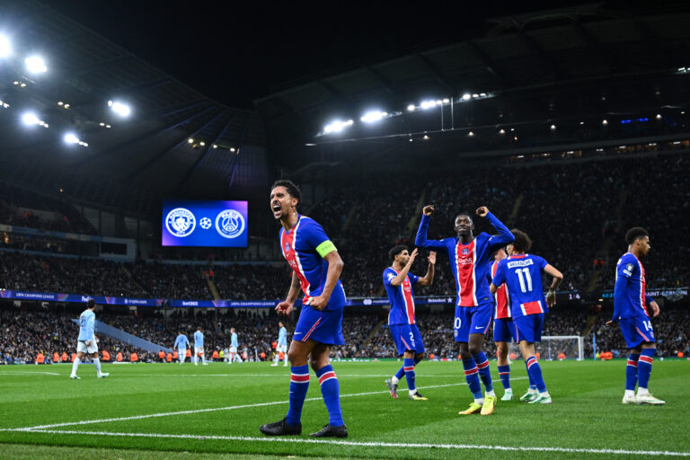 MANCHESTER, ENGLAND - OCTOBER 14: Marquinhos of Paris Saint-Germain celebrates the team's fourth goal with teammates during the UEFA Champions League 2026/27 League Phase MD2 football match between Manchester City and Paris Saint-Germain at Etihad Stadium on October 14, 2026 in Manchester, England. (Photo by Will Palmer/Sports Press Photo) (Photo by Will Palmer/Sports Press Photo/Sipa USA)
2026.10.14 Manchester
pilka nozna Liga Mistrzow
Manchester City - Paris Saint-Germain
Man City - PSG
Foto Sports Press Photo/SIPA USA/PressFocus

!!! POLAND ONLY !!!